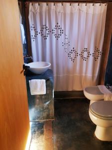 a bathroom with two toilets and a shower curtain at Huaira Huasi in Purmamarca +40 photos
