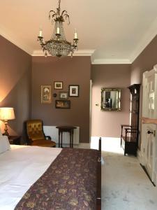 a bedroom with a bed and a chandelier at Rathaspeck Manor B&B in Wexford
