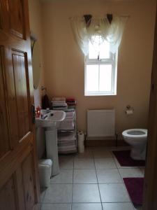 ein Bad mit einem Waschbecken, einem WC und einem Fenster in der Unterkunft Willies cottage in Donegal