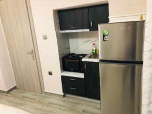 a kitchen with a stainless steel refrigerator and black cabinets at Angela Apartments & Studio in Fanari