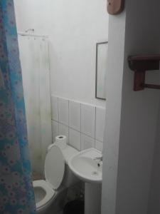 Baño blanco con aseo y lavamanos en Hostal Don Frank, en San Carlos