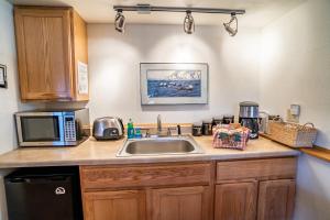 uma cozinha com um lavatório e um micro-ondas em Bears Den Alaska Lodging em Seward
