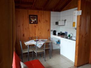 cocina con mesa, sillas y fregadero en Apart-Hotel Colonia-Königsberg ESTACIONAMIENTO Deptos Completos Ubicado En El Centro De Valdivia AIRE ACONDICIONADO en Valdivia