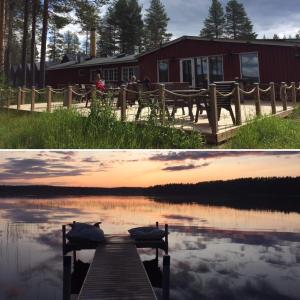 duas fotos de um lago com uma casa e uma doca em Norwide - Hossan Lomakeskus em Hossa