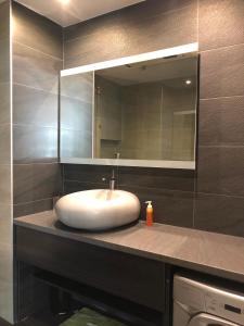 a bathroom with a sink and a large mirror at Art Academy Apartment in Tallinn +7 photos