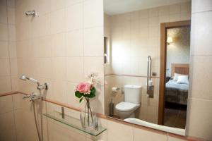 a bathroom with a toilet and a vase of flowers at Hotel Cildá in Olleros de Pisuerga
