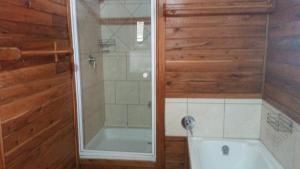 a bathroom with a shower and a tub and a toilet at Pura Vida Lodge in Morrumbene