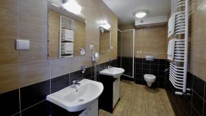 a bathroom with a sink, toilet and mirror at Hotel Diament Spodek in Katowice
