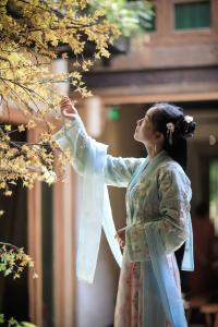 a woman in a dress reaching for a tree branch at 云智慧 泊艾养生精品民宿 in Yangshuo