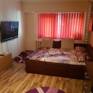 コンスタンツァにあるGarsoniera Deliaのベッドルーム1室(赤いブラインド付きの大型ベッド1台付)