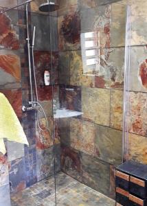 a shower in a bathroom with a stone wall at ti boukan trankil in La Montagne