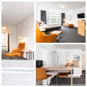 a collage of photos of a hotel room and a hotel room at Apartimo Landshut in Landshut