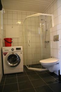a bathroom with a washing machine and a toilet at Myrkdalen Resort Nedre Byggardslii apartment in Vossestrand