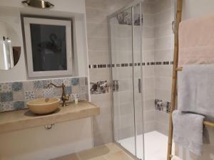 ein Bad mit einem Waschbecken und einer Dusche in der Unterkunft La Layotte in Vosne-Romanée