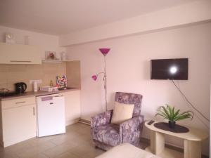 een woonkamer met een stoel en een kleine keuken bij Heviz Therme Apartmenthaus in Hévíz
