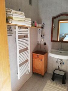 a bathroom with a sink and a mirror at Anna's Cosy Apartment in Illmitz +38 photos