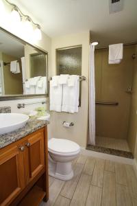 a bathroom with a toilet and a sink and a shower at Ocean Club on Smuggler's Beach in South Yarmouth