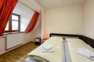 a bedroom with two beds and a window at Apartmány Na Seníku in Třeboň