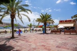 een stadsplein met palmbomen en een strand bij Sunny studio Flat in Los Cristianos