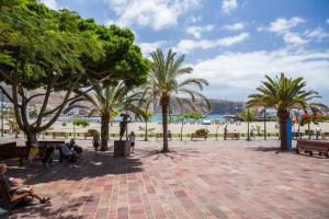 mensen op bankjes bij een strand met palmbomen bij Sunny studio Flat in Los Cristianos