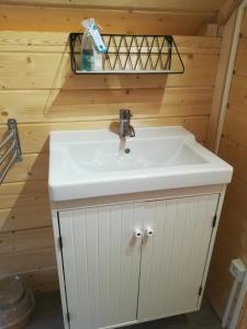 uma casa de banho com um lavatório branco num camarote em Camping Loisirs Des Groux em Mousseaux-sur-Seine