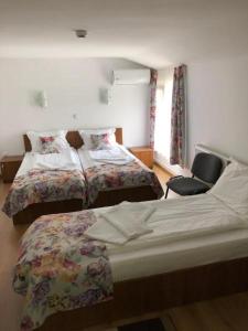 Pokój hotelowy z 2 łóżkami i krzesłem w obiekcie Pensiunea Calea Targovetilor w mieście Târgovişte