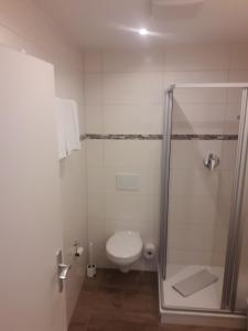 a bathroom with a toilet and a shower stall at Hotel Garni Post in Grainau