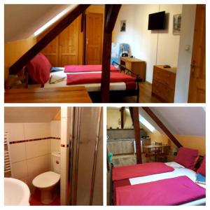 チェスキー・クルムロフにあるBella Vitaのベッド2台とバスルーム付きの部屋の写真2枚