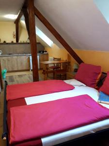1 dormitorio con 2 camas con sábanas rojas en Bella Vita, en Český Krumlov