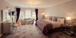 um quarto de hotel com uma cama e uma cadeira em Woodford Dolmen Hotel Carlow em Carlow