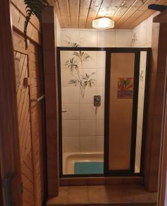uma casa de banho com banheira num quarto em Ferienhaus Waidmanns-Heil em Höchenschwand