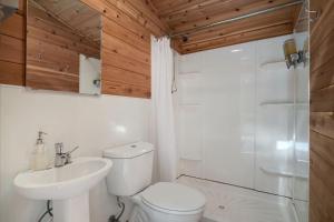 La salle de bains est pourvue de toilettes, d'un lavabo et d'une douche. dans l'établissement Under Canvas Glacier, à Coram