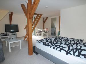 1 dormitorio con 1 cama y TV en una habitación en Waldblick en Alt Schwerin