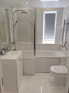a bathroom with a shower and a sink and a toilet at Spacious 2-bed apartment in central Kingston near Richmond Park in Kingston upon Thames
