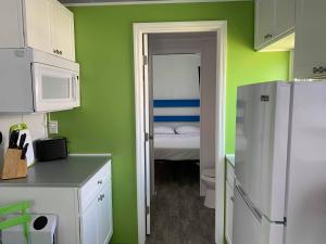 Elle comprend une petite cuisine avec des murs verts et un réfrigérateur blanc. dans l'établissement Tiny House Siesta, à Sarasota