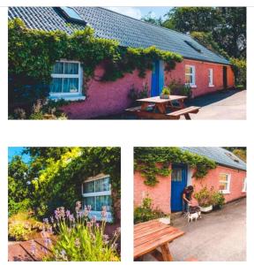 dos fotos de un edificio con una mesa de picnic y un banco en Wisteria Cottage, en Ballyconnell