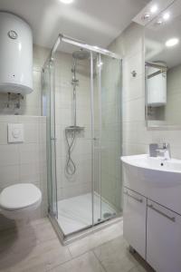 a bathroom with a shower and a toilet and a sink at Villa Podgorka in Podgora