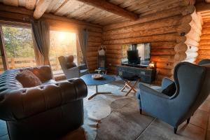 a living room with a couch and chairs and a television at WOODS LODGE PLITVICE LAKES in Drežnik Grad