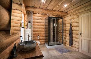 a bathroom with a sink and a glass shower at WOODS LODGE PLITVICE LAKES in Drežnik Grad +55 photos