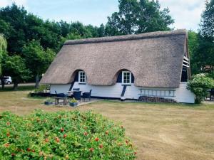 Ce cottage blanc est doté d'un toit de chaume. dans l'établissement 6 person holiday home in Asperup, à Asperup