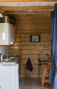 a kitchen with wooden walls and a sink and a refrigerator at Mednieki Kalvene in Krusāti