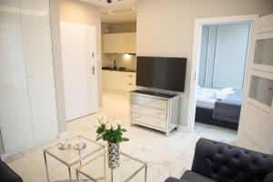 sala de estar con TV, sofá y mesa en Apartamenty Prestiż 91 en Koszalin