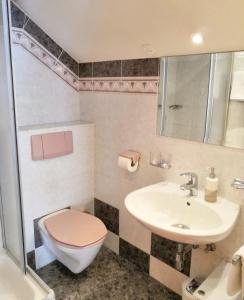 ein Badezimmer mit einem rosa WC und einem Waschbecken in der Unterkunft Haus Marienheim in Heiligenblut