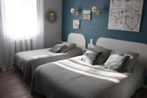 two beds in a room with blue walls at Hôtel le Chalet Fleuri in Saint-Rémy-de-Provence