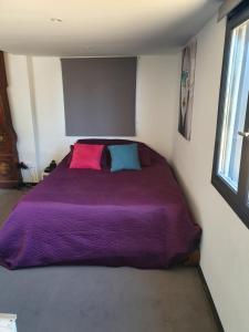 - une chambre avec un lit violet et 2 oreillers dans l'établissement LOFT 3 PERS PROCHE CIRCUIT PAUL RICARD, à Signes