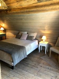 1 dormitorio con 1 cama, 1 mesa y 1 silla en Le pigeonnier de la Farge, en Chaumont-sur-Tharonne