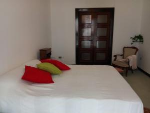 ein Schlafzimmer mit einem weißen Bett mit roten und grünen Kissen in der Unterkunft Fieschi Inn in Genua