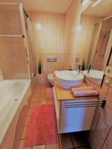 Un baño con lavabo, bañera e inodoro. en Ferienwohnung am Eichwald, en Immenstadt im Allgäu