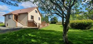a small house in a field with a tree at Cora´s House & Horses in Ölfus