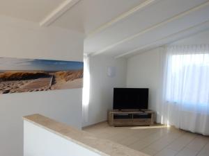 una sala de estar con TV y una pintura en Ostrea 120 Kamperland, en Kamperland
